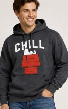 Peanuts Snoopy Chill Hoodie Men’s Medium Gray Pullover Graphic Sweatshirt